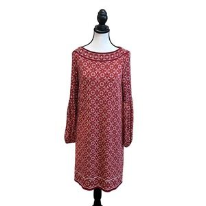 MAX STUDIO Red White Geometric Print Long Sleeve Boho Shift Dress Size S